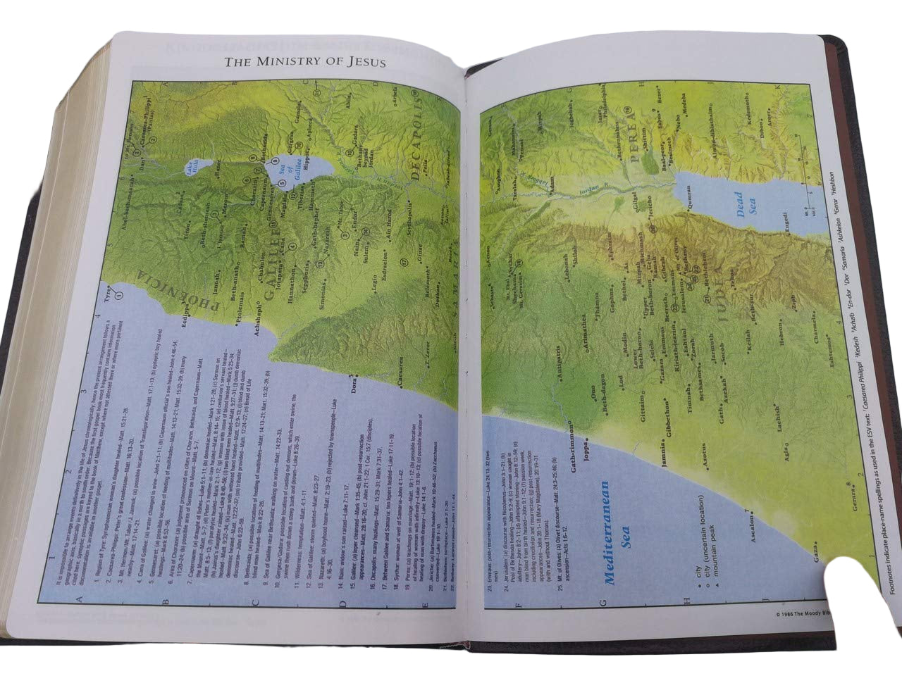 Open book showing a map titled 'The Ministry of Jesus' with green and blue colors.